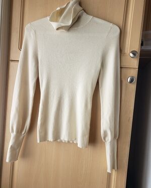 Aritzia Wilfred Wool Blend Cream Ribbed Funnel Neck Sweater